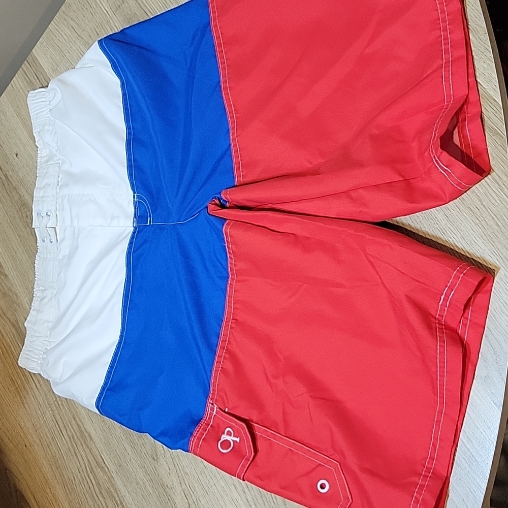 NWOT Ocean Pacific Red, White and Blue Color Block Quick Dry 10" Board Shorts